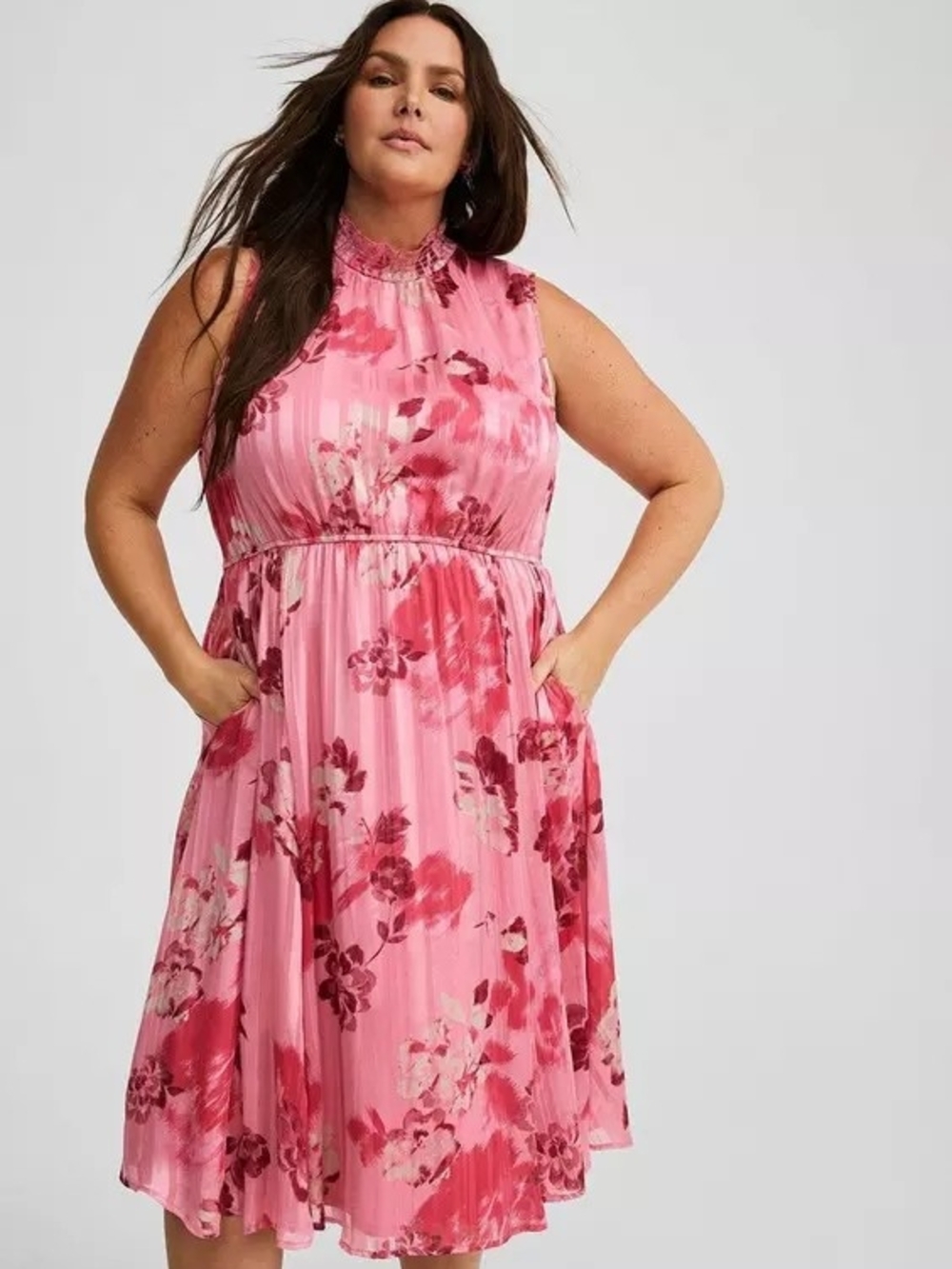 Breath-taking Torrid Sleeveless Pink Floral Ruffle-Neck Pleated Midi Dress